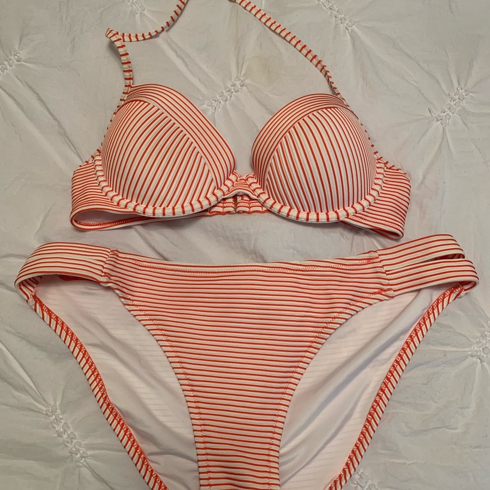 Red and white striped bikini